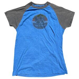 PrAna Tent Pitching Graphic Blue & Gray Raglan T-Shirt S Organic Cotton Mens